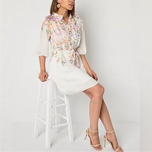 52seven White Floral Mock Neck Button Front 3/4 Sleeve Belted Dress 24W Cottage